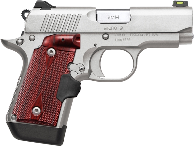 Picture of  Kimber Mfg.,Inc 3700482 Micro 9  Stainless Steel 9Mm 7+1 3.15" Satin Silver Slide Rosewood Grip