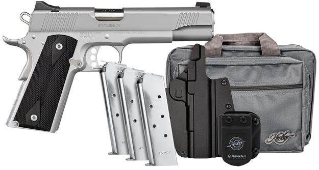 Picture of  Kimber Mfg, Inc 3700826 Stainless LW Club Bundle Full Size Frame 45 Acp 7+1 5" Stainless Match Grade Barrel, Serrated Stainless Steel Slide, Stainless Aluminum Frame W/Beavertail, Black Textured Grip 669278378268