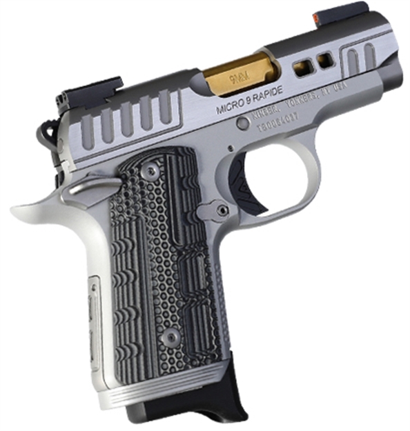 Picture of  Kimber Mfg.,Inc 3300230 Micro 9 Rapide Dawn 9Mm 7+1 3.15" Brushed Stainless/Silver Kimpro II Grey/Black G10 Grip 669278332307