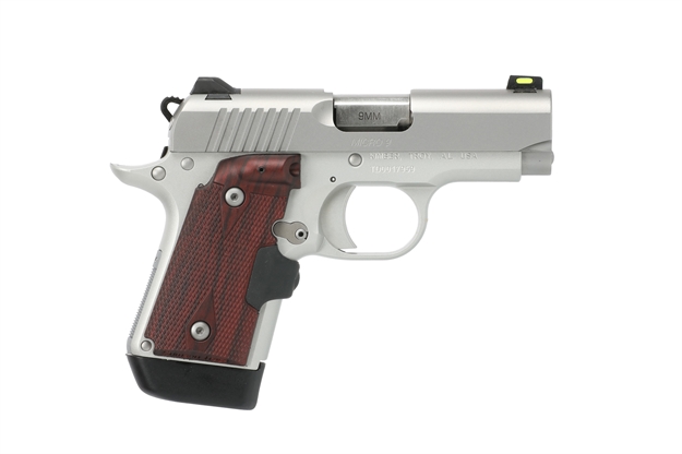 Picture of  Kimber Mfg.,Inc 3700482 Micro 9  Stainless Steel 9Mm 7+1 3.15" Satin Silver Slide Rosewood Grip