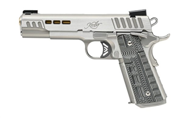 Picture of  Kimber Mfg.,Inc 3000424 Rapide Dawn 10Mm Auto 8+1 5" Gold Tin Stainless Steel Barrel, Lightening Cut/Serrated Stainless Steel Slide, Stainless Steel Frame W/Beavertail, Black & Gray G10 Grip 669278304243