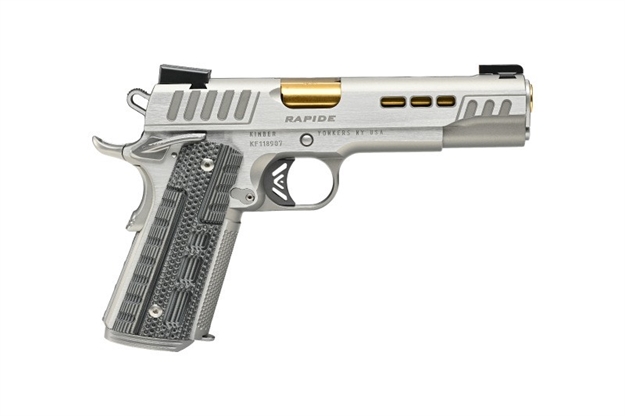 Picture of Kimber Mfg.,Inc 3000420 Rapide Dawn 9Mm Luger 9+1 5" Gold Tin Stainless Steel Barrel, Lightening Cut/Serrated Stainless Steel Slide, Stainless Steel Frame W/Beavertail, Black & Gray G10 Grip 30420