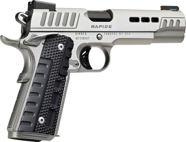 Picture of  Kimber Mfg.,Inc 3000429 Rapide Frost 10Mm Auto 8+1 5" Black Dlc Stainless Steel Barrel, Kimpro II Silver Lightening Cut/Serrated Stainless Steel Slide & Frame W/Beavertail, Black G10 Grip 669278304298