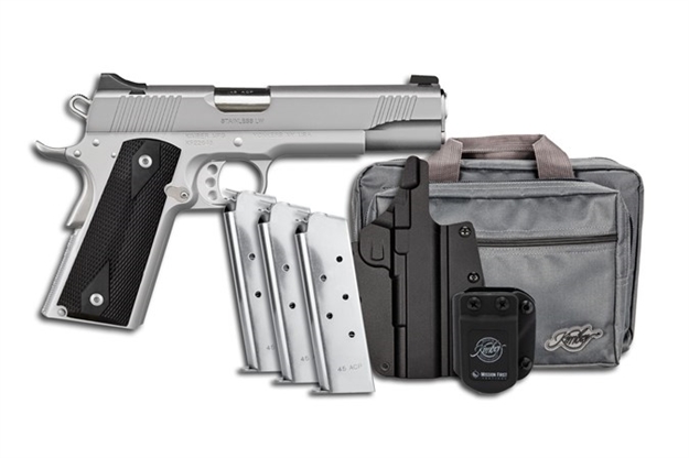 Picture of  Kimber Mfg, Inc 3700826 Stainless LW Club Bundle Full Size Frame 45 Acp 7+1 5" Stainless Match Grade Barrel, Serrated Stainless Steel Slide, Stainless Aluminum Frame W/Beavertail, Black Textured Grip