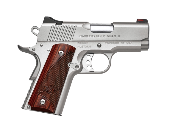 Picture of Kimber Mfg, Inc 3200330 Ultra Carry II  45 Acp 7+1 3" Stainless Match Grade Barrel, Satin Silver Serrated Stainless Steel Slide, Satin Silver Aluminum Frame W/Beavertail, Rosewood Grip KIM3200330 669278323305