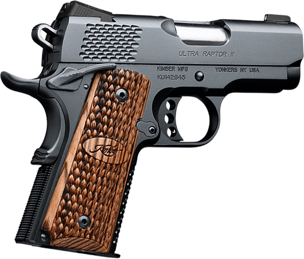 Picture of Kimber Mfg, Inc 3200150Ca Raptor II Ultra *Ca Compliant 45 Acp 7+1 3" Stainless Match Grade Barrel, Matte Black Serrated Steel Slide, Matte Black Aluminum Frame W/Beavertail, Zebrawood Grip KIM3200150 669278321509