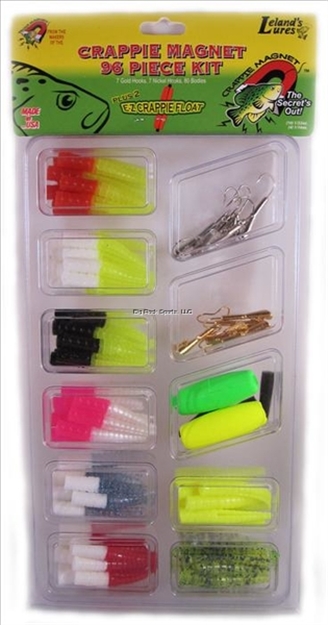 Picture of Leland Lures Crappie Magnet Kit, 96 Pieces, 6 Crappie Magnet Jigheads, 8 Double Cross Jigheads, 80 Bodies And 2 Floats