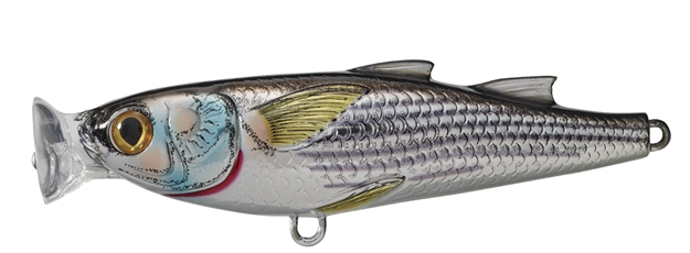 Picture of Livetarget Mullet Topwater Popper, 3 1/2", 3/4 Oz, #4 Hooks, Silver & Black, Floating