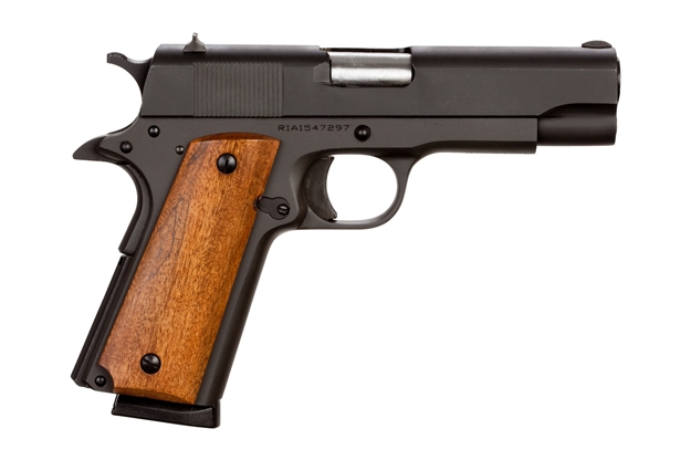 Picture of Rock Island 51417Ma GI Standard MS *Ma Compliant 45 Acp Caliber With 4.20" Barrel, 8+1 Capacity, Overall Black Parkerized Finish Steel, Beavertail Frame, Serrated Slide & Wood Grip 51417-MA 806015515050