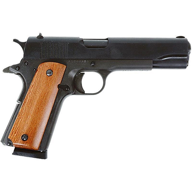 Picture of  Rock Island 51421Ma GI Standard FS *Ma Compliant 45 Acp Caliber With 5" Barrel, 8+1 Capacity, Overall Black Parkerized Finish Steel, Beavertail Frame, Serrated Slide & Wood Grip