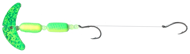 Picture of Mack's Lure Cha Cha Crawler Rig, (2) #4 Hks, 72# Leader, 1.5" Blade, Grn Sprkl Smile Blade/Chrt/Grn Scale Pill/Flo Chrt Beads, Fltg