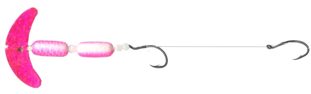 Picture of Mack's Lure Cha Cha Crawler Rig, (2) #4 Hks, 72# Leader, 1.5" Blade, Hotpink Sprkl Smile Blade/Prl/Pink Scale Pill/Glow Beads, Fltg