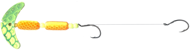 Picture of Mack's Lure Cha Cha Crawler Rig, (2) #4 Hooks, 72# Leader, 1.5" Blade, Che Scale Smile Blade/Chartreuse/Orange Scale Pill, Fltg