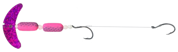 Picture of Mack's Lure Cha Cha Crawler Rig, (2) #4 Hooks, 72# Leader, 1.5" Blade, Dark Cerise Sparkle Smile Blade/Pink/Purple Scale Pill/Glow Beads, Floating