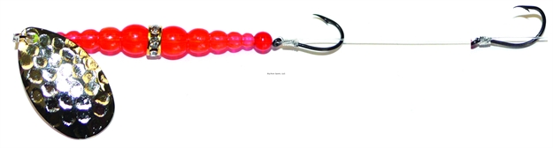 Picture of Mack's Lure Double Whammy Classics Original Spinner Rig, (2) #4 Hooks, 48" Leader, Hammered Nickel Blade/Flo Orange Bead