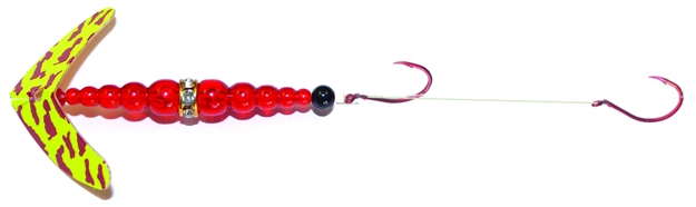 Picture of Mack's Lure Double Whammy Pro Spinner Rig, (2) #4 Hooks, 72" Leader, Chartreuse Red Tiger Smile Blade/Flo Ruby Bead