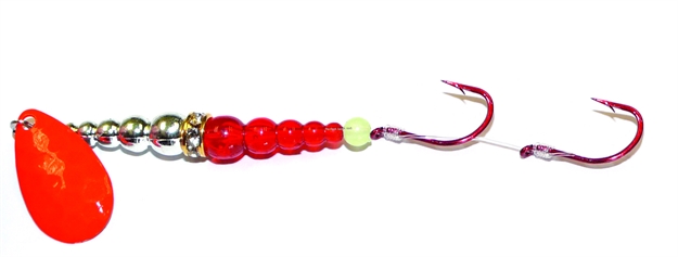Picture of Macks Lure Double Whammy Ringmaster Spinner Rig, (2) #6 Hooks, 48" Leader, Red Blade/Chrome/Flo Ruby Bead
