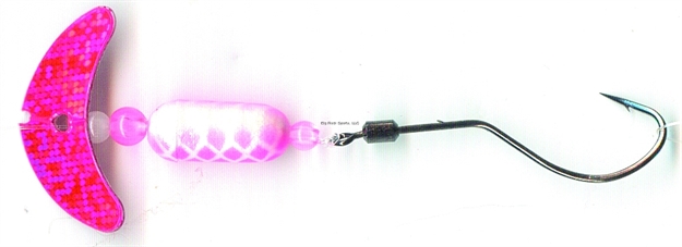 Picture of Mack's Lure Smile Blade Spindrift Walleye Spinner, #1 Hook, 72" Leader, Hot Pink Sparkle Smile Blade/White Pink Scale Pill