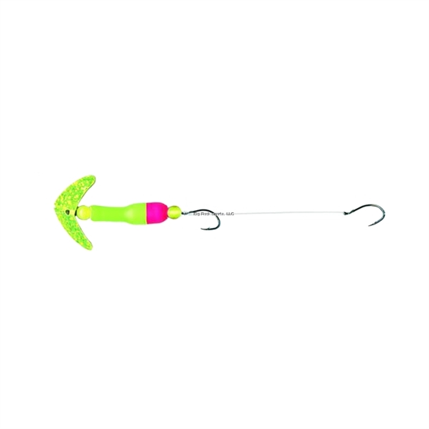 Picture of Mack's Lure Wally Pop Crawler Series Spinner, (2) #2 Hks, 72" Leader, Chrt Sparkle Smile Blade/Lime Grn Tubing/Flo Pink Tubing