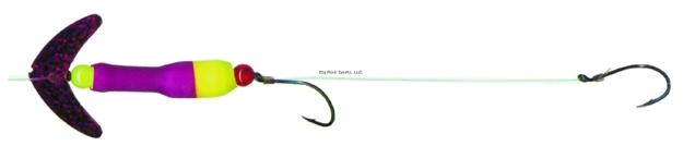 Picture of Mack's Lure Wally Pop Crawler Series Spinner, (2) #2 Hooks, 72" Leader, Dark Cerise Sparkle Smile Blade/Vivid Purple Tubing Color1/Flo Yellow Tubing Color2