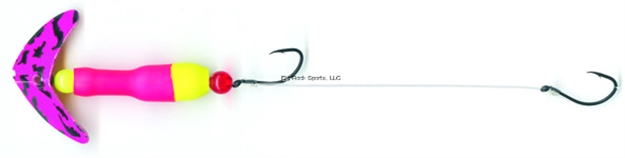 Picture of Mack's Lure Wally Pop Crawler Series Spinner, (2) #2 Hooks, 72" Leader, Hot Pink Black Tiger Smile Blade/Flo Pink Tubing Color1/Flo Yellow Tubing Color2