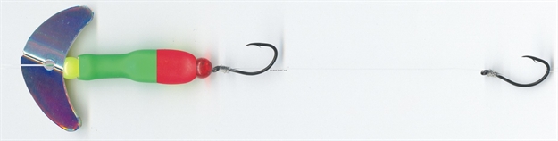 Picture of Mack's Lure Wally Pop Crawler Series Spinner, (2) #4 Hooks, 72" Leader, Silver Mirror Smile Blade/Flo Green Tubing Color1/Rocket Red Tubing Color2