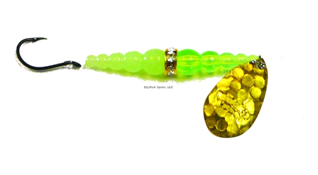 Picture of Mack's Lure Wedding Ring Classic Original Spinner, #6 Hook, 48" Leader, Hammered Brass Blade/Flo Chartreuse Bead