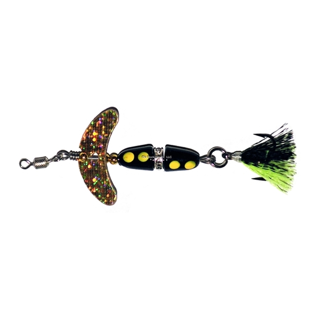 Picture of Mack's Lure Wedding Ring Promise Keeper Spinner, 1/16 Oz, #10 Treble Hk, Gold Sparkle Smile Blade/Bck Yel Dot Body/Yel/Blk Tail