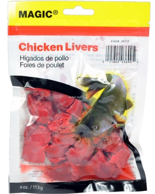 Picture of Magic Bait Preserved Chicken Livers, 4 OZ Bag, Blood/Anise Flavor