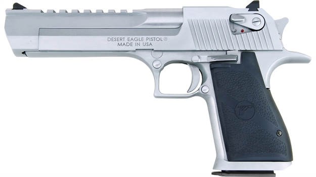 Picture of  Magnum Research De50bc Desert Eagle Mark Xix 50 AE Caliber With 6" Picatinny Rail Barrel, 7+1 Capacity, Overall Brushed Chrome Finish Carbon Steel, Beavertail Frame, Serrated Slide & Black Rubber Grip 761226023074