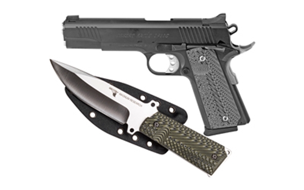 Picture of Magnum Research Semi-Auto Pistol 10Mm 5" Bbl, Model G, Carbon Steel, Black, 8+1 Rnd, Fixed Sights, Packaged With Knife , Kydex Sheath DE1911G10-K