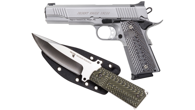 Picture of  Magnum Research De1911gss-K Desert Eagle 1911  W/ 1911 Fixed Blade Knife 45 Acp 8+1 5.01" Stainless Steel Slide Matte Stainless Steel Black/Gray G10 Grip