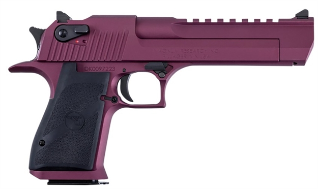 Picture of  Magnum Research De50bkc Desert Eagle Black Cherry 50 AE 7+1 6" Black Barrel, Metallic Black  Cherry Cerakote Serrated Slide, Aluminum Frame W/Picatinny Rail & Beavertail Black Rubber Grips 761226090397
