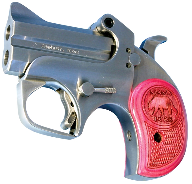 Picture of  Bond Arms Bamb Mama Bear  357 Mag/38 Special 2Rd 2.50" Stainless Steel Double Barrel & Frame, Auto Extractors & Rebounding Hammer, Blade Front/Fixed Rear Sights, Pink Wood Grip, Manual Safety 855959008559