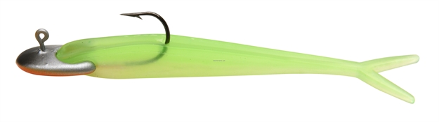 Picture of Mambo Jig Vertical Balance Jig 1/8Oz, 2.5". 1 Jig, 3 Tails Lime Green Minnow
