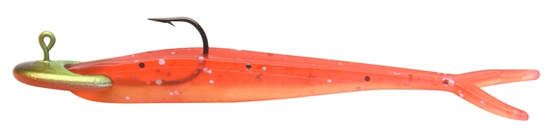 Picture of Mambo Jig Vertical Balance Jig 1/8Oz, 2.5". 1 Jig, 3 Tails, Red Sparkle Minnow