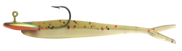 Picture of Mambo Jig Vertical Balance Jig 1/8Oz, 2.5". 1 Jig, 3 Tails, Sparkle Green Minnow