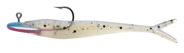 Picture of Mambo Jig Vertical Balance Jig 1/8Oz, 2.5". 1 Jig, 3 Tails, Sparkle White Minnow