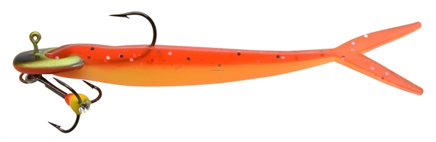 Picture of Mambo Jig Vertical Balance Jig 15/64Oz, 3.3". 1 Jig, 3 Tails, Red Sparkle Minnow