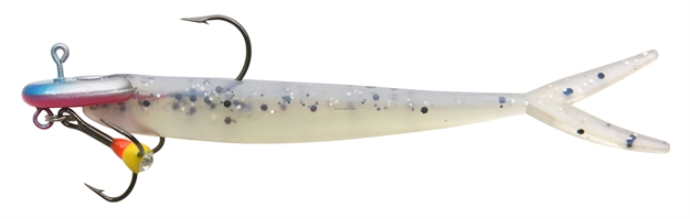 Picture of Mambo Jig Vertical Balance Jig 15/64Oz, 3.3". 1 Jig, 3 Tails, Sparkle White Minnow