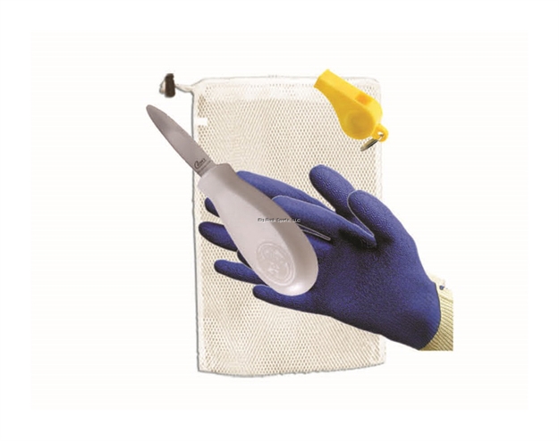 Picture of Marine Sports Scallop Kit Standard- 15" X 20" Mesh Bag; Scallop Knife; Blue Latex Gloves; Safety Whistle