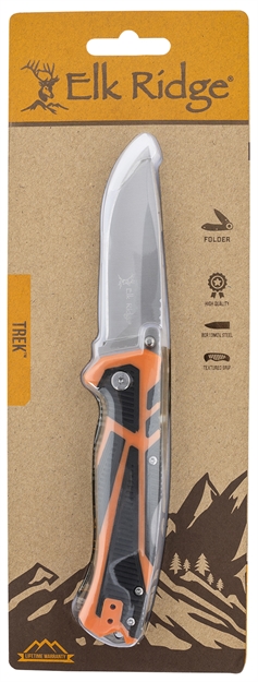 Picture of  Elk Ridge Ertkfdr001cs Trek  3.50" Folding Drop Point Plain Satin 8Cr13mov SS Blade/ Black/Orange Tpr Handle Features Clamshell Packaging Includes Pocket Clip