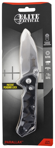 Picture of  Elite Tactical Etfdr005scs Parallax  3.50" Folding Drop Point Plain Satin D2 Steel Blade/ Black G10 Handle Features Clamshell Packaging Includes Pocket Clip
