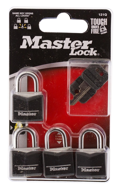 Picture of  Master Lock 121Q Padlock  Open With Key Black Steel Vinyl-Covered 4 Per Pkg