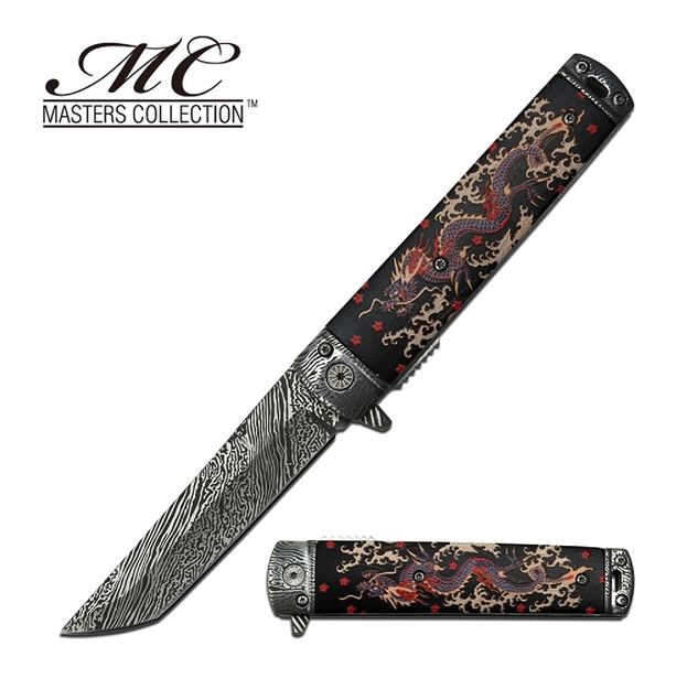 Picture of Masters Assisted 3.6 IN Damascus Look Blade Black Aluminum