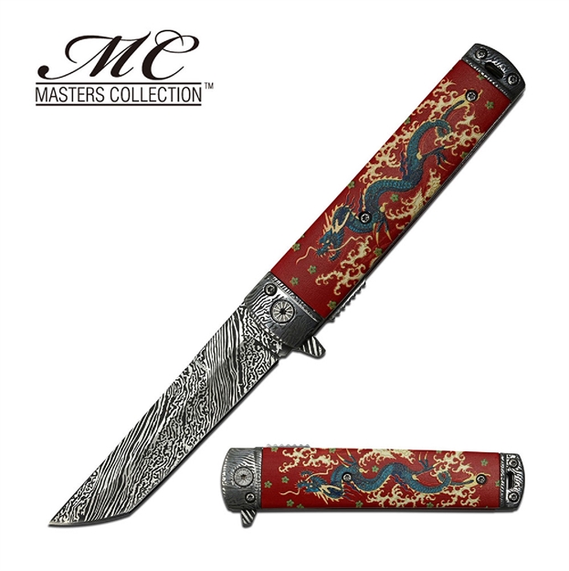 Picture of Masters Assisted 3.6 IN Damascus Look Blade Red Aluminum