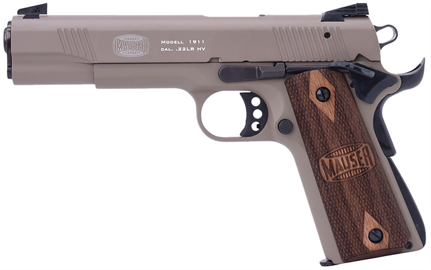 Picture of  Mauser Rimfire 4110604 1911  22 LR 10+1 5" Black Steel Barrel, Tan Serrated Aluminum Slide, Tan Aluminum Frame W/Beavertail, Walnut Grip, Ambidextrous