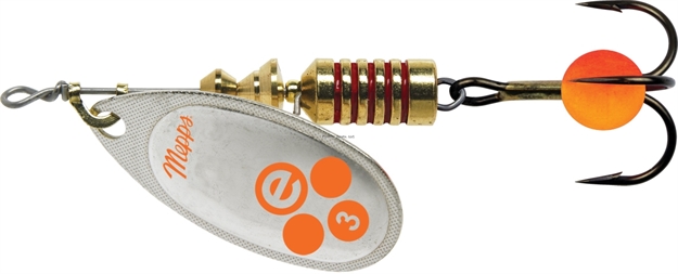 Picture of Mepps Aglia-E In-Line Spinner, 2 1/2", 1/4 Oz, Treble Hook W/Egg, Silver-Hot Orange