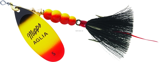 Picture of Mepps Aglia In-Line Spinner, 1/2 Oz, Dressed Treble Hook, Black/Yellow/Red Blade/Black Tail