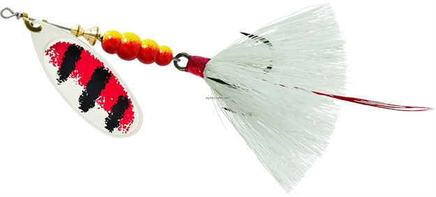 Picture of Mepps Aglia In-Line Spinner, 1/2 Oz, Dressed Treble Hook, Silver/Red Black Stripe Blade/White Tail